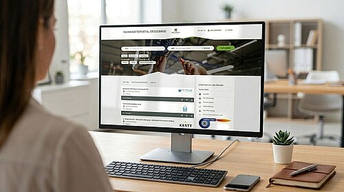 Die Startseite des Fachkräfteportals Erzgebirge ist auf einem Computer-Bildschirm geöffnet und steht im Zentrum des Bildes. Im Anriss ist eine Person zu erkennen, die auf den Bildschirm schaut. Der Bildschirm steht auf einem aufgeräumten, modernen Schreibtisch in einer hellen Büro-Atmosphäre.