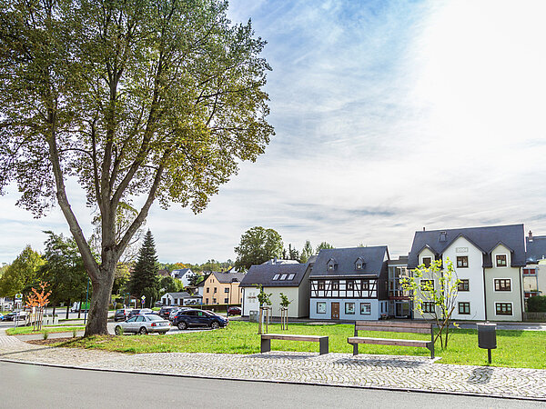 Grünfläche mit Blick auf das Heinrich-Hartmann-Haus an der Kammerrat-Beck-Straße in Oelsnitz.