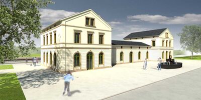 So soll das Oelsnitzer Bahnhofsgebäude nach der Sanierung aussehen.