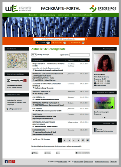 Die Startseite des Fachkräfte-Portals Erzgebirge zeigt die aktuellsten Stellenangebote. (Screenshot vom 05.07.2016)