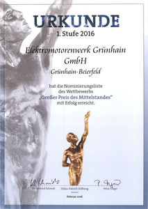 Urkunde für die EMGR zur Nominierung